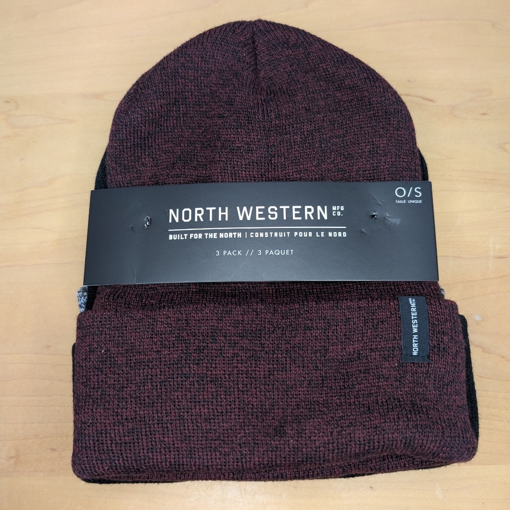 3 Pack Of Winter Hats Toques North Western Maroon Grey Black Snow Tags